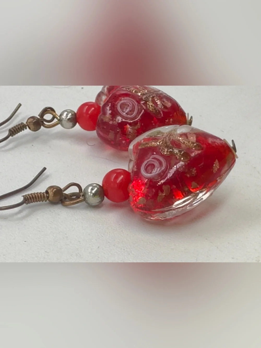 Art Glass Heart Drop Earrings Murano Style Red Hooks Pierced Valentines